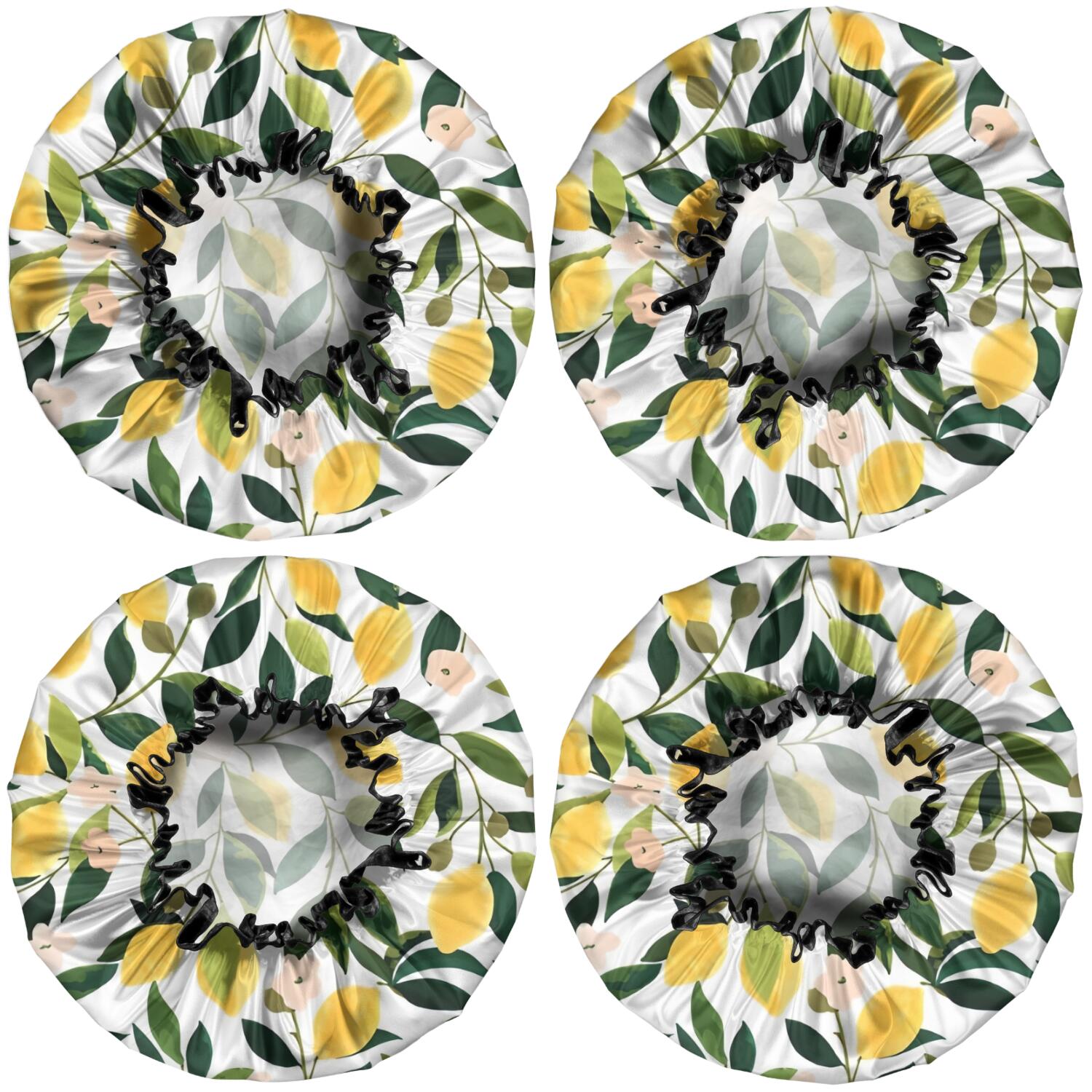 Shower Caps,Yellow Lemon Fruit Flowers White Pattern Waterproof Shower Cap for Women 4 Pieces,Double Reusable Hair Cover for Shower PEVA Elastic Stretch Hem