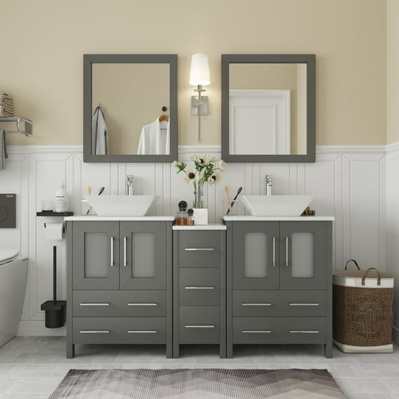 Vanity Art 60 in. W Double Sink Bathroom Vanity with Engineered Marble Top and Two Free Mirror