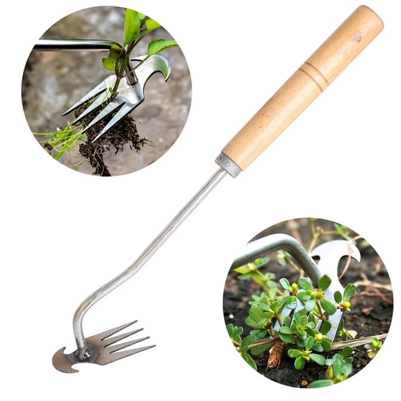 35cm Manual Weeding Tool with Wooden Handle, 4-Tine Stainless Steel Garden Weeder, Handheld Weed Puller Hoe for Lawn, Yard, Farm & Gardening
