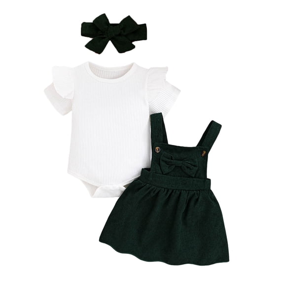 Zshosam Newborn Girl Summer Clothes Baby Infant Girl Bodysuit Dress Outfit Short Sleeve Ribbed Skirt Romper Bow Headband 3 Piece Set Size 12 18 Months,(Dark Green 12-18 Months)