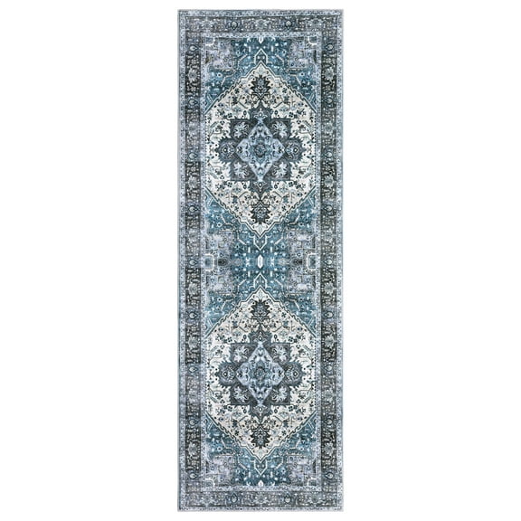 Garvee 2'x6' Washable Runner Rug Soft Non-Slip Bedroom Rug Vintage Persian Floral Medallion Runner Rug Boho Rugs for Laundry, Gray Blue