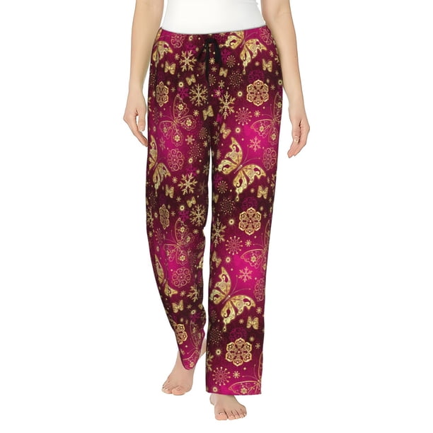 Balery Golden Snowflakes And And Butterflies Pantalones de pijama para mujer, pijamas ultraligeros, pantalones de estar por casa-Large