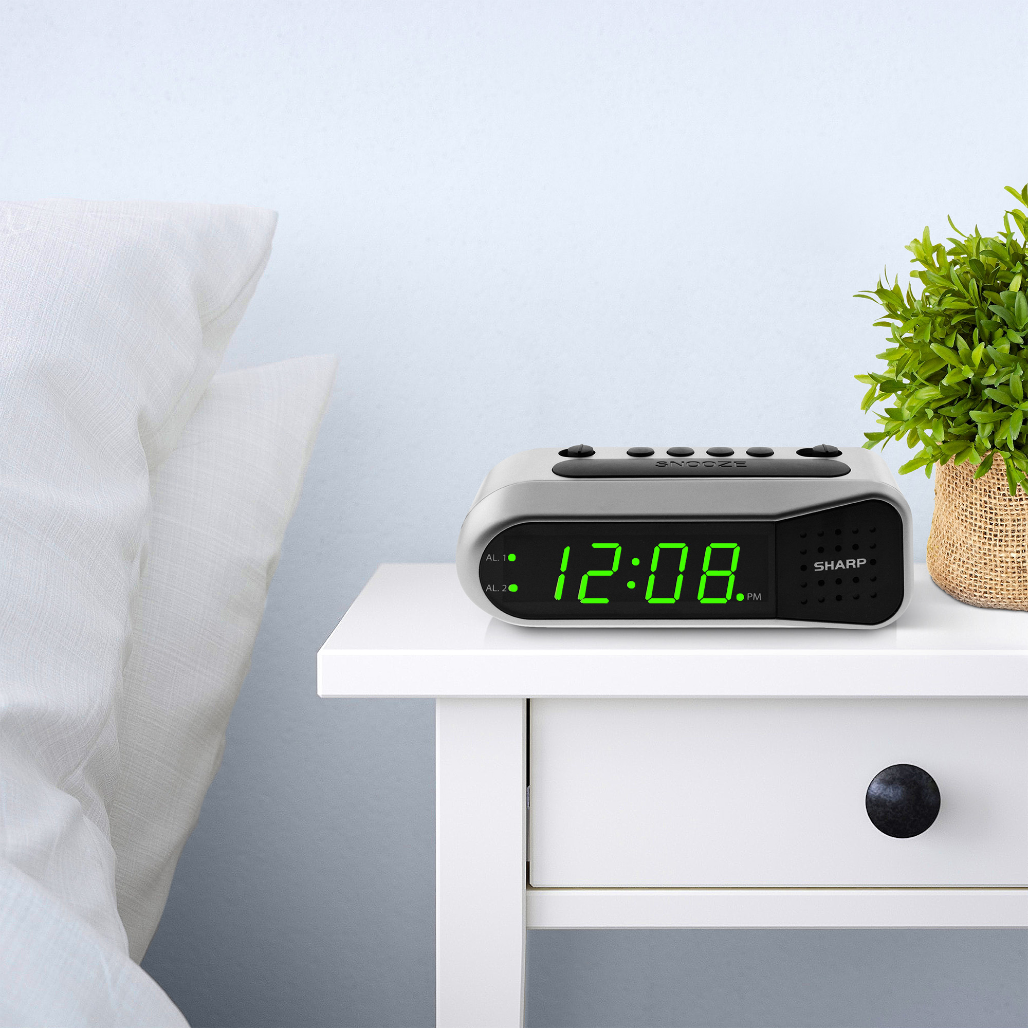 SHARP Digital Dual Alarm Clock, Silver with Green LED Display, Ascending Alarm - image 3 of 6