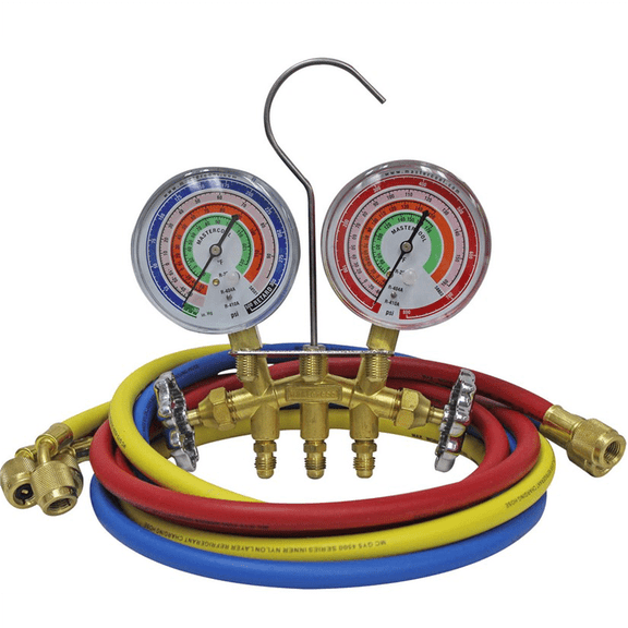 Mastercool R410A, R22, R404A 2-Way Brass Manifold Gauge Set includes 3 &hyphen; 60? R410A hoses with standard 1/4? SAE fittings packaged in a clamshell