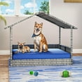 thumbnail image 3 of Uforic Large Dog House Indoor Outdoor, Wicker Dog House with Waterproof Roof and Washable Cushion Blue,32.9"L x 27.6" W x 28.3" H, 3 of 9