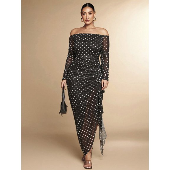 Multicolor Black And White Polka Dot Mesh One Shoulder Asymmetrical Ruffle Hem Maxi Dress For Women