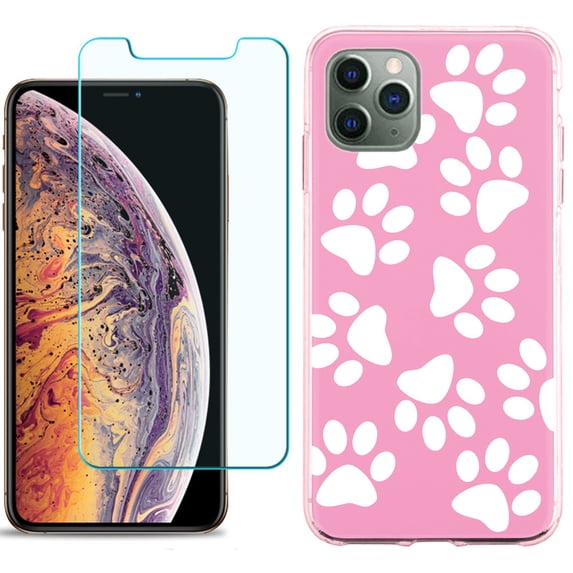 For Apple iPhone 11 PRO Case, Slim-Fit TPU Protective Phone Case (Pink Bezel) with Tempered Glass Screen Protector, by OneToughShield ® - Pet Paw/ Pink