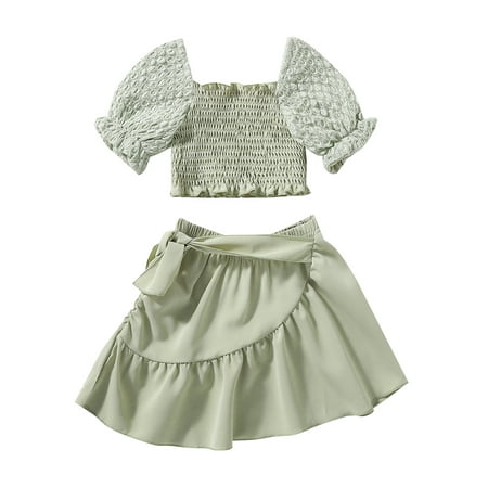 

Musuos Baby Girls Short Sleeve Smocked Crop Tops A Line Ruffle Skirt Tracksuit