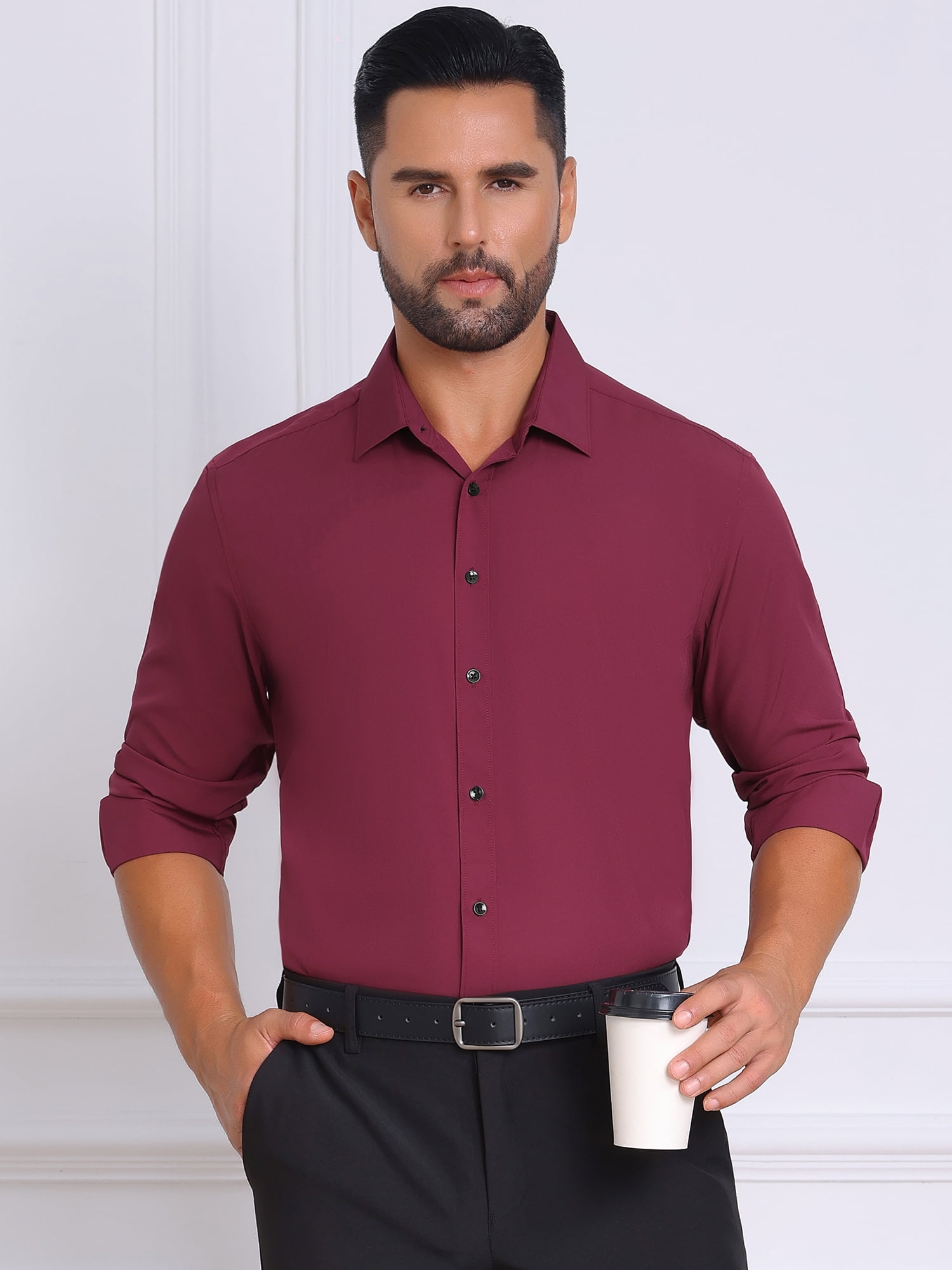 DARING DIVA Men's Solid Color Button Down Long Sleeves Stretch Shirts L Burgundy