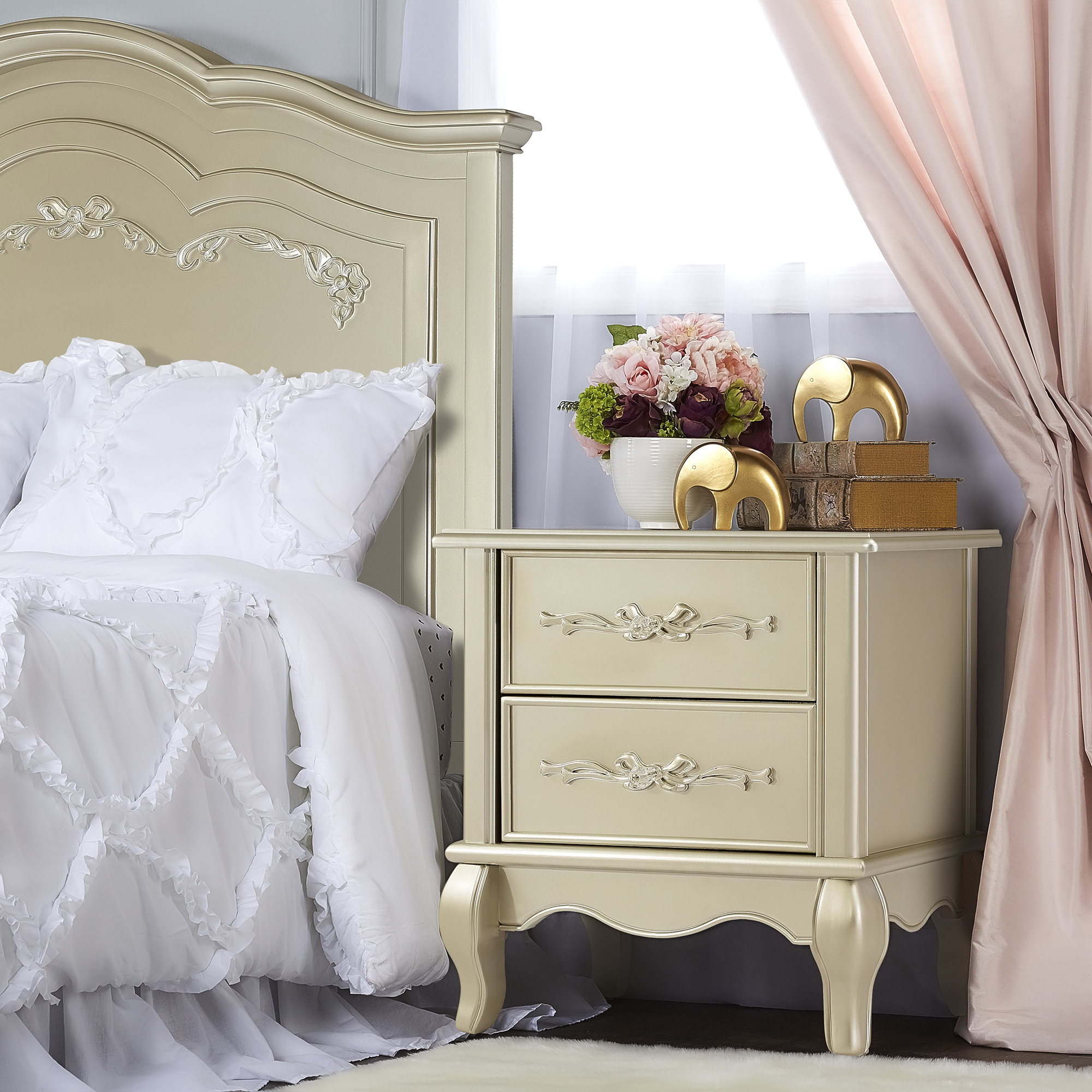 Evolur Aurora Nightstand, Metallic Gold Dust, Ample Storage