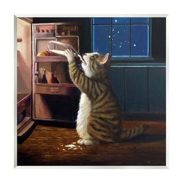Stupell Industries Midnight Snack Cat Drinking Milk Kitchen Aquarius Symbol Painting Unframed Art Print Wall Art, Design by Lucia Heffernan