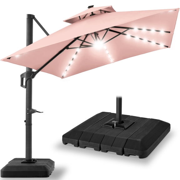 Best Choice Products 10x10ft 2-Tier Square Outdoor Solar LED Cantilever Patio Umbrella w/ Base Included - Rose Quartz