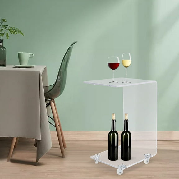Clear Acrylic C Table w/4 Wheels End Table Nightstand Transparent Side Table for Bedrooms, Living Rooms