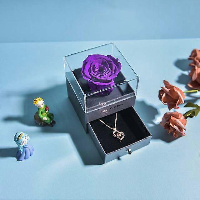 Joyero con rosa eterna natural, con collar de amor en 100 idiomas, flores preservadas, estuche para anillo de propuesta, regalos para el día de la madre para ella, morado