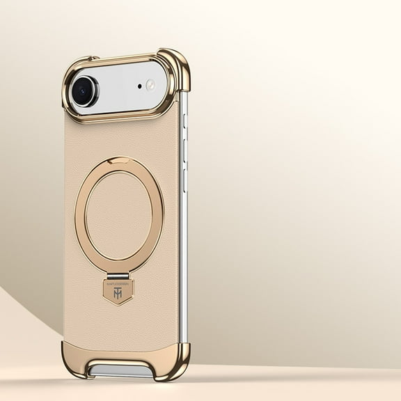 Frameless for iPhone Air Case, Compatible with Magsafe, Minimalist Shockproof Phone Shells, Magnetic Aluminum Metal Leather Case, Scratch Resistant Protective Case with Stand, Gold