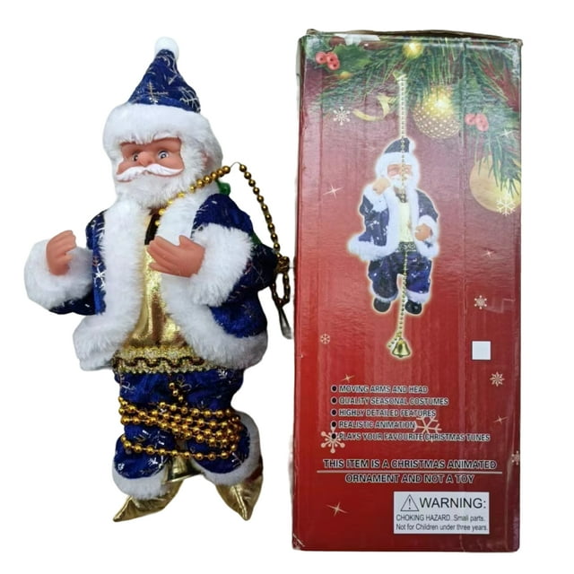 pitrice Electric Climbing Santa Doll Battery-Powered Holiday Figurine For Tree Decoration Santa Claus Musical Climbing Rope Blue