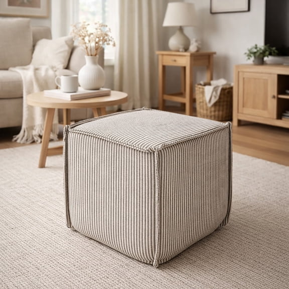 Hampton Square Pouf Ottoman - Brown Stripe
