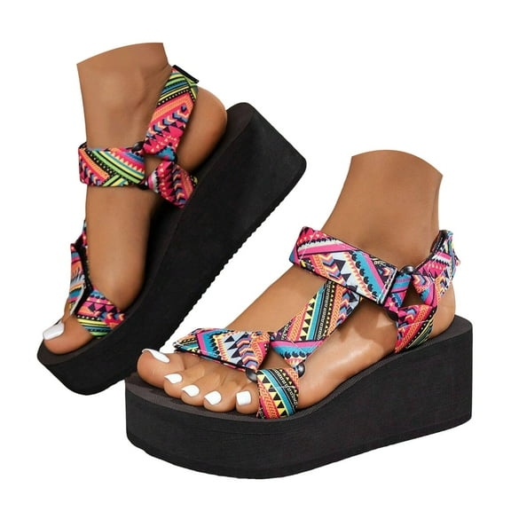 IUJSOY Womens Platform Sandals Boho Print Summer Beach Shoes Lightweight Open Toe Slingback Shoes