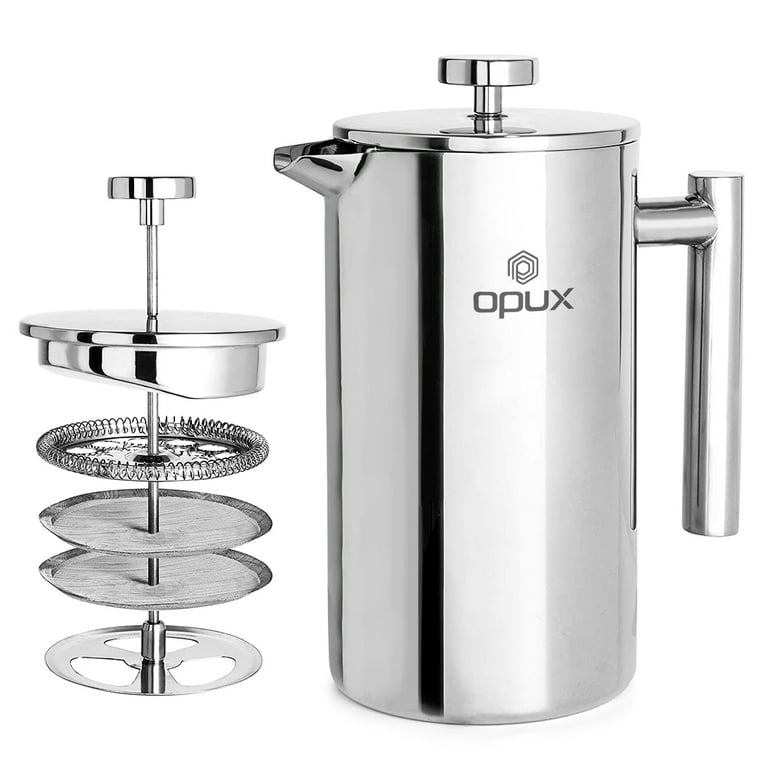 OPUX French Press Coffee Maker, 30% Thicker Double Wall Stainless Steel  Insulated Coffee Press, 4-Layer Filter System, Rust-Free, Dishwasher Safe,  100% Ground-Free Coffee, 2 Extra Filters 