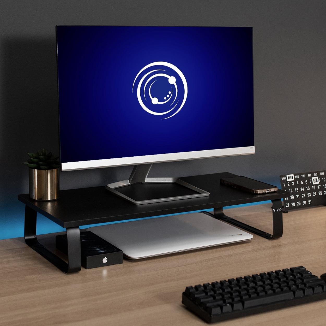 VIVO Black Wood 24" Wide Desktop Stand Ergonomic TV Monitor Riser Desk Organizer