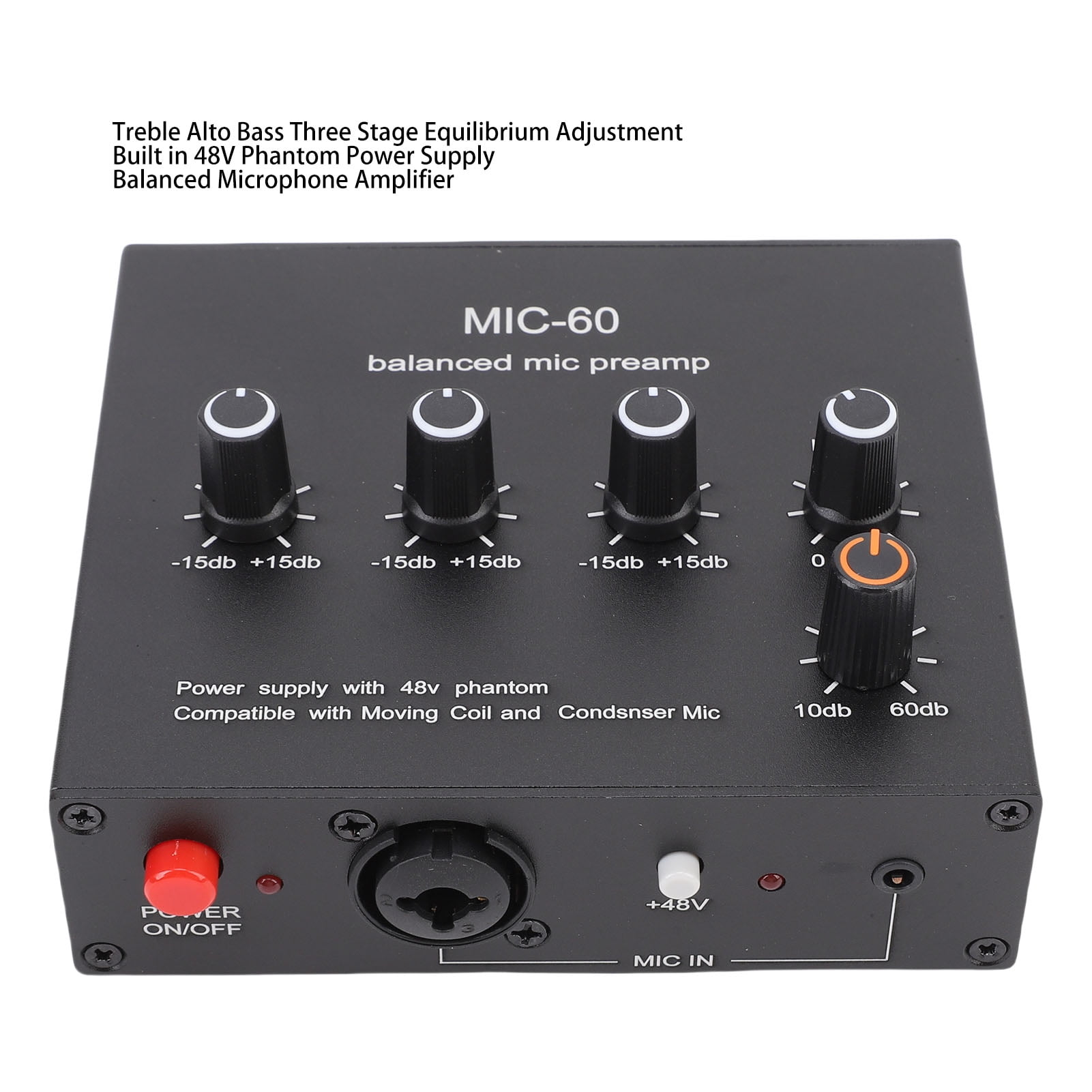 Rupoun Microphone Preamplifier MIC-60 60dB Gain Audio Interface for Condenser Dynamic Mics 3.5mm 6.5mm XLR I/O Support 48V Phantom Power Aluminum Alloy (13.19 oz / 374 g)