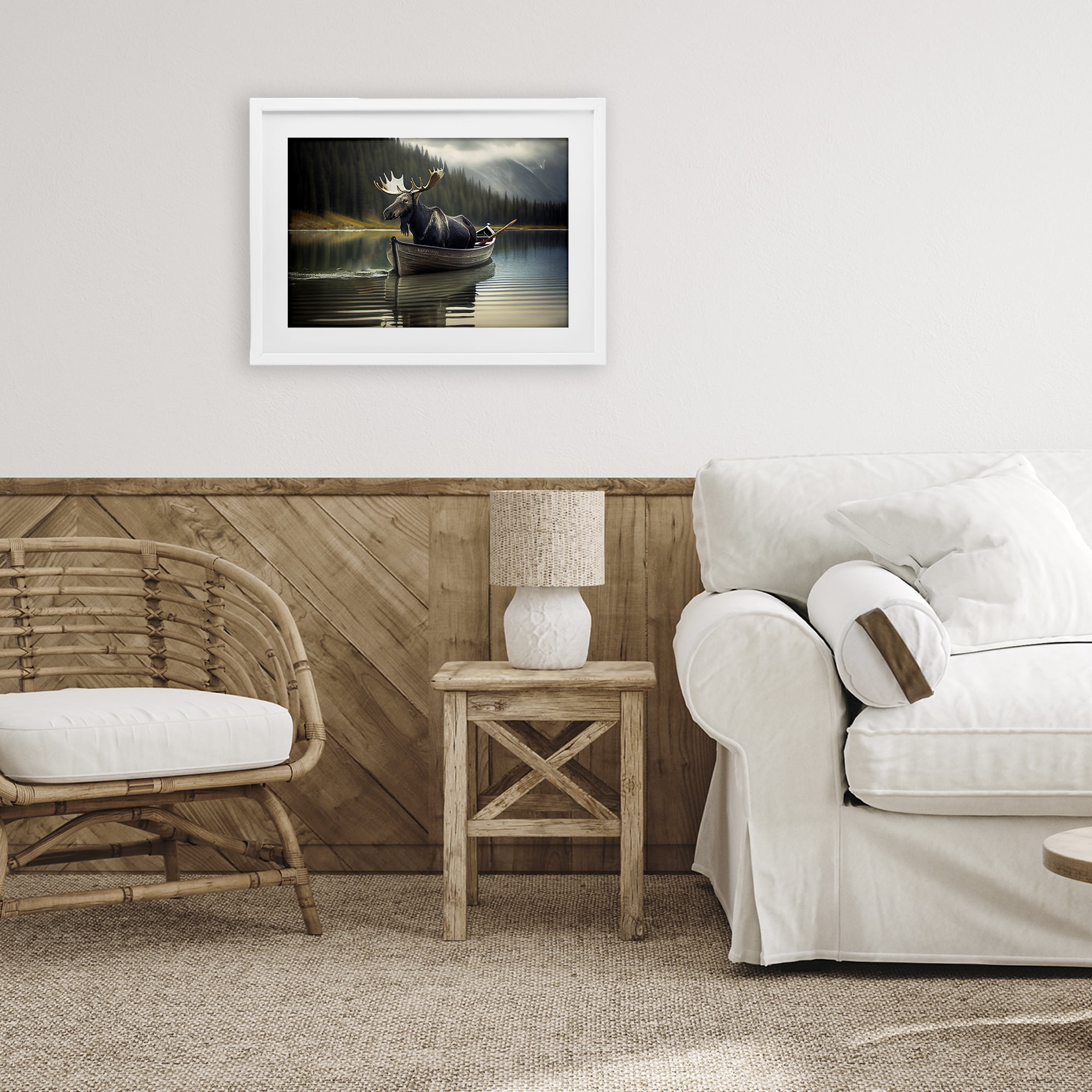 Moose in Canoe Tranquility White Framed Print Under Glass, design by Sasha