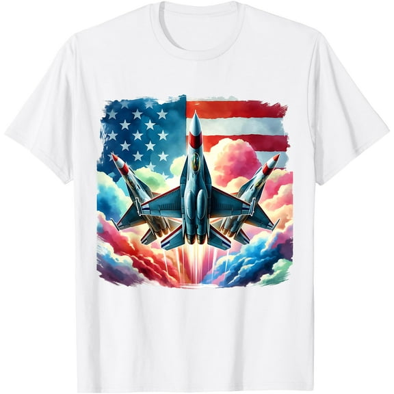 4th Of July American USA Flag Fighter Jet T-Shirt , White