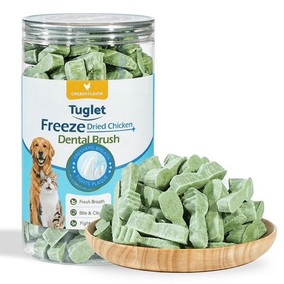 TUGLET Freeze-Dried Chicken Dental Brush Dog & Cat Treat, Cleans Teeth & Reduces Tartar, Freshens Breath, High Protein for Small Medium Large Dogs & Cats, 5.3 oz Bag