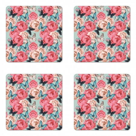 

Butterfly Coaster Set of 4 Peony Roses Butterflies Romantic Graphic Print Retro Style Floral Design Print Square Hardboard Gloss Coasters Standard Size Multicolor by Ambesonne