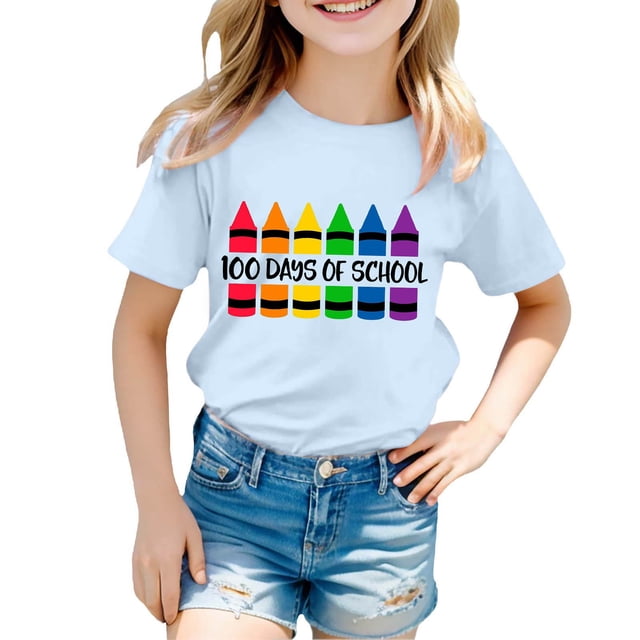 LUOGENLI T-Shirt pour Filles Enfants Mode Décontractée Imprimé Col Rond Manches Courtes T-Shirt Ample Ensemble Maxi 2 Pcs Bleu Clair 3-4 Ans