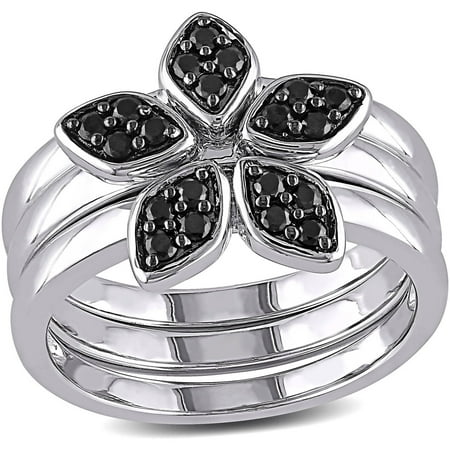 1/2 Carat T.G.W. Black Spinel Sterling Silver Stackable Flower Ring