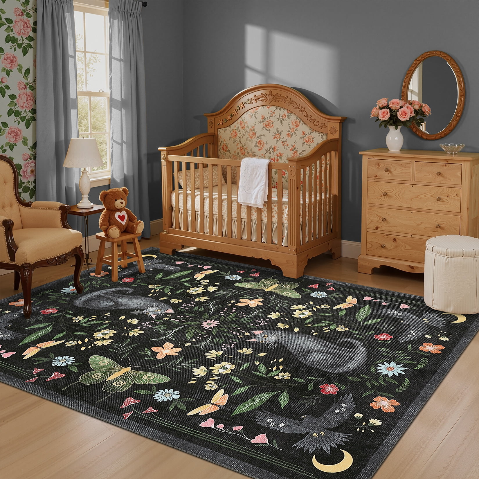 Garvee 5'x7' Boho Area Rug Cat Floral Pattern Carpet, Vintage Washable Rug Non-Slip Indoor Accent Carpet for Living Room Bedroom Home Office, Black