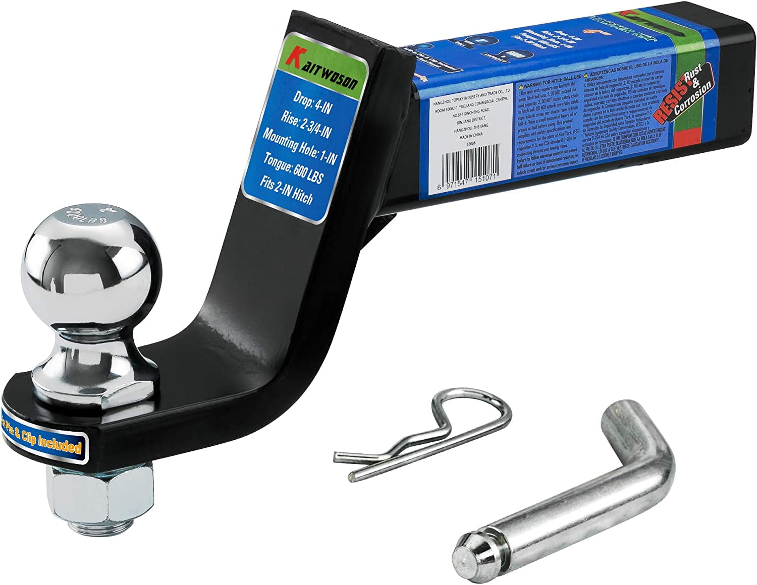 KAITWOSON Trailer Hitch Ball Mount with 2 inch Hitch Ball & Pin, 4inch