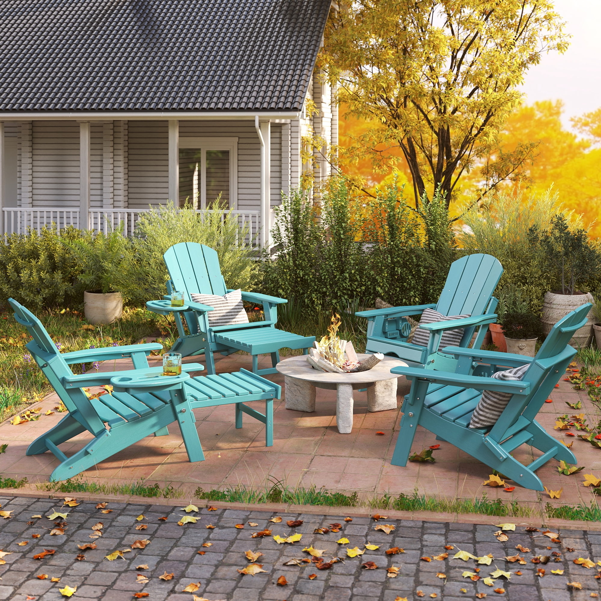 Folding Adirondack Chair with Retractable Ottoman, HDPE All-Weather Resistant Adjustable Backrest Adirondack Chair w/4 in 1 Cup Holder Trays, Aruba Blue
