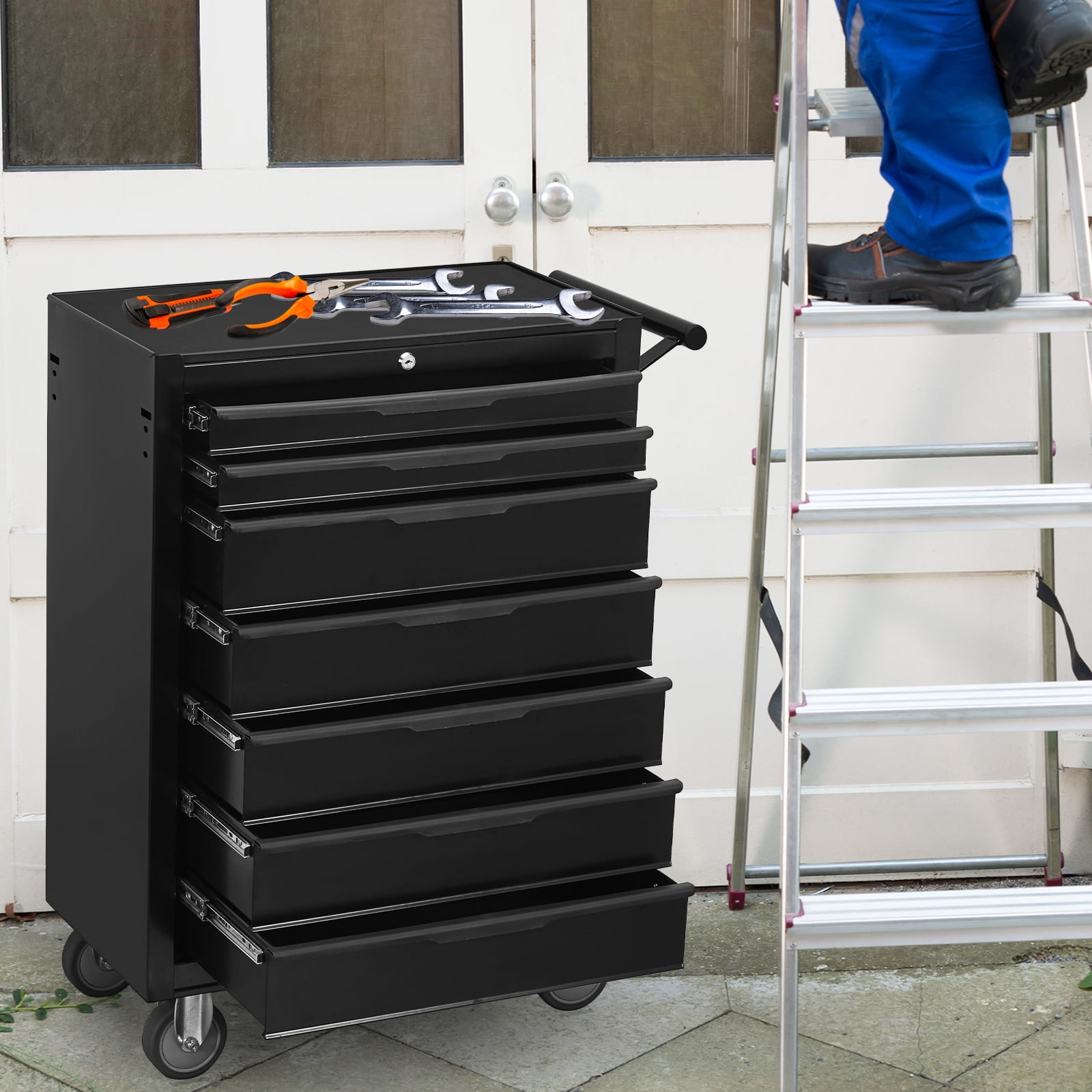 7 Drawer Rolling Tool Chest Cabinet, Large Capacity Metal Tool Box with Wheels and Cylinder Locking, Storage Organizer Tool Cart for Garage, Warehouse, Work Shop