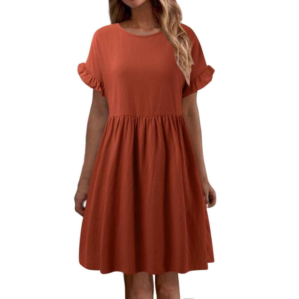 Vestido largo de lino liso con cuello redondo para mujer - Corte holgado, poliéster, elegante vestido informal de verano
