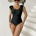 thumbnail image 2 of Traje de baño de mujer de una pieza con dobladillo con volantes y control de barriga, traje de baño de color puro plisado lateral ajustado, negro L, 2 of 6