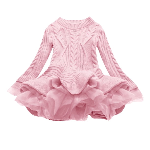 Odeerbi Niñas de Algodón de Punto Por Cable Suéter Vestido de Tul Tutú Princesa Vestidos de Color Sólido Cuello Redondo Vestido de Manga Larga Body