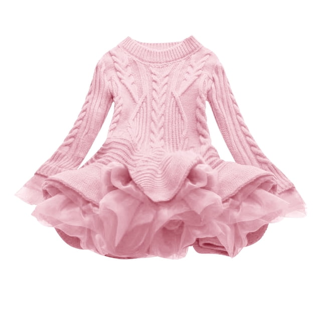 MeetoTime Vêtements pour Filles 2-11 Ans Couleur Unie Col Rond Manches Longues Robe Pull en Maille pour Fille