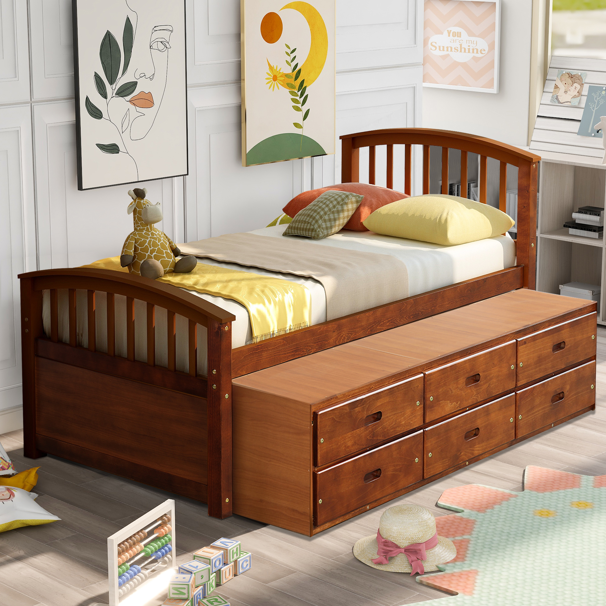 Aukfa 6 Drawers Platform Storage Bed, Solid Wood Captain Bed, Twin Size - Walnut