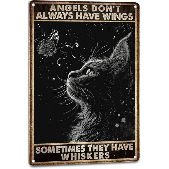 Black Cat Decor Cat Signs Vintage Cat Room Wall Black Art Decor Tin Poster - Angels Don't Always Have Wings Sometimes They Have Whiskers, 8X12 Inches