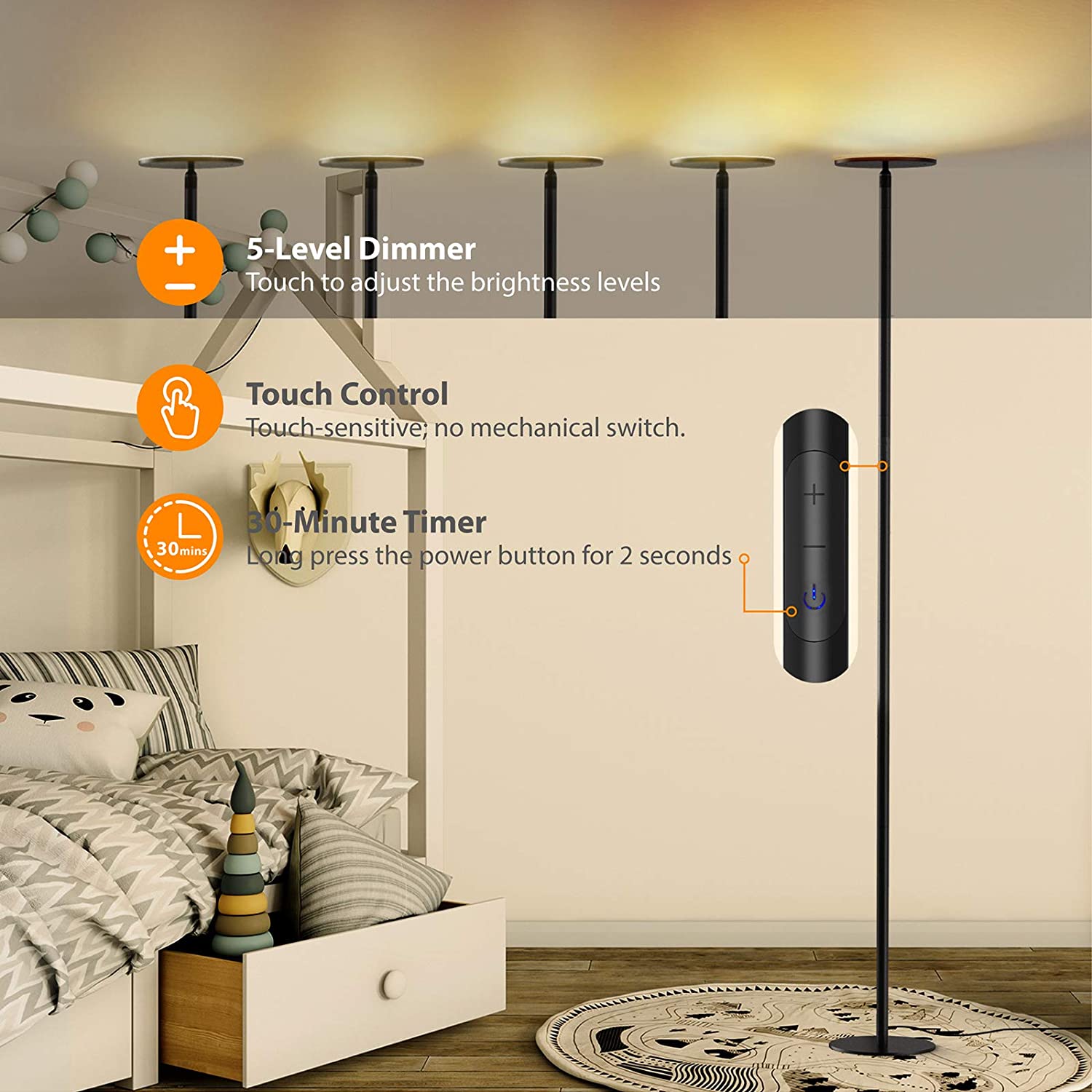 TROND LED Torchiere Floor Lamp, Dimmable 30W, 3000K Warm White Light Max.5000lm,  5-Level Black