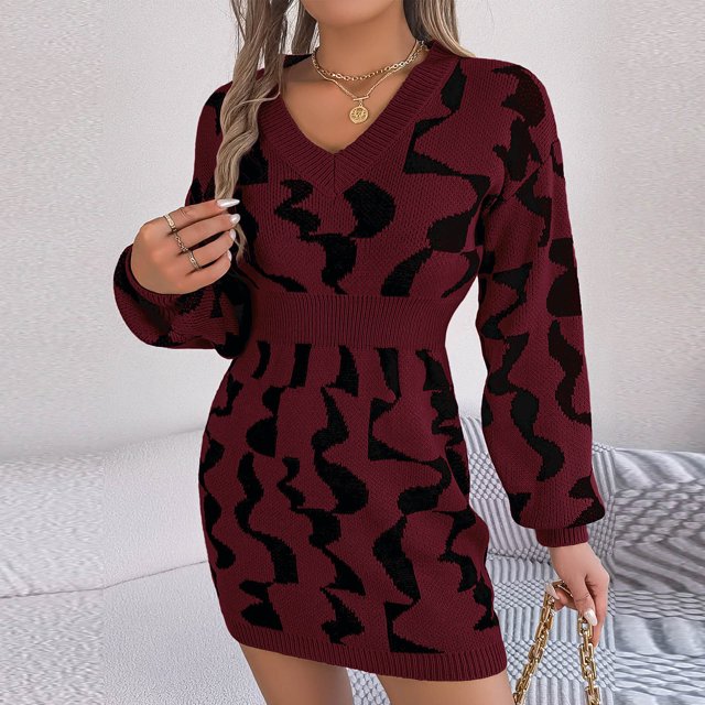 FcBaudy Robe à Manches Longues Col en V, Robes d'Été pour Femmes, Robes de Mode Décontractées à Manches Longues Col en V Imprimé pour Sorties