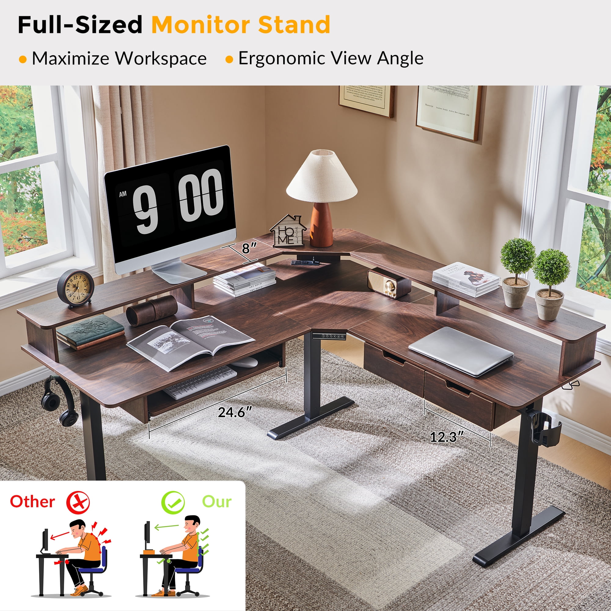 KeyWhat 60" L Shaped Standing Desk, Electric Height Adjustable Computer Desk with Shelves & Keyboard Tray & LED Strip & Power Outlets, Dark Walnut