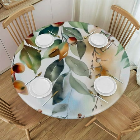 

YANMS Watercolor Plant Leaves Round Table Cover with Elastic Edge 100% Polyester Fiber 38-42