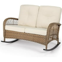 VIVIJASON Outdoor Wicker Loveseat Rocking Chair, 2-Person Patio Rattan Double Rocker Sofa with Thick Cushions, All-Weather Loveseat Rocker for Porch, Backyard & Garden