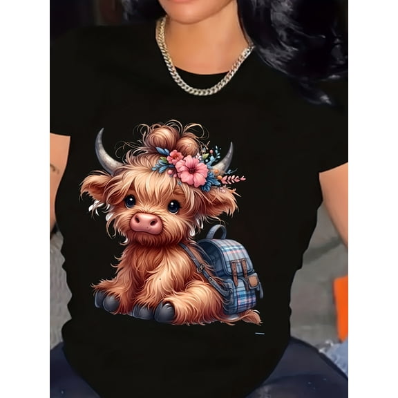 Cute Flower Highland Cow With Backpack Graphic T‑Shirt, Unisex Cotton Crew Neck Short Sleeve Tee, Farm Animal Casual Novelty Shirt, Gift For Highland Cow Lovers