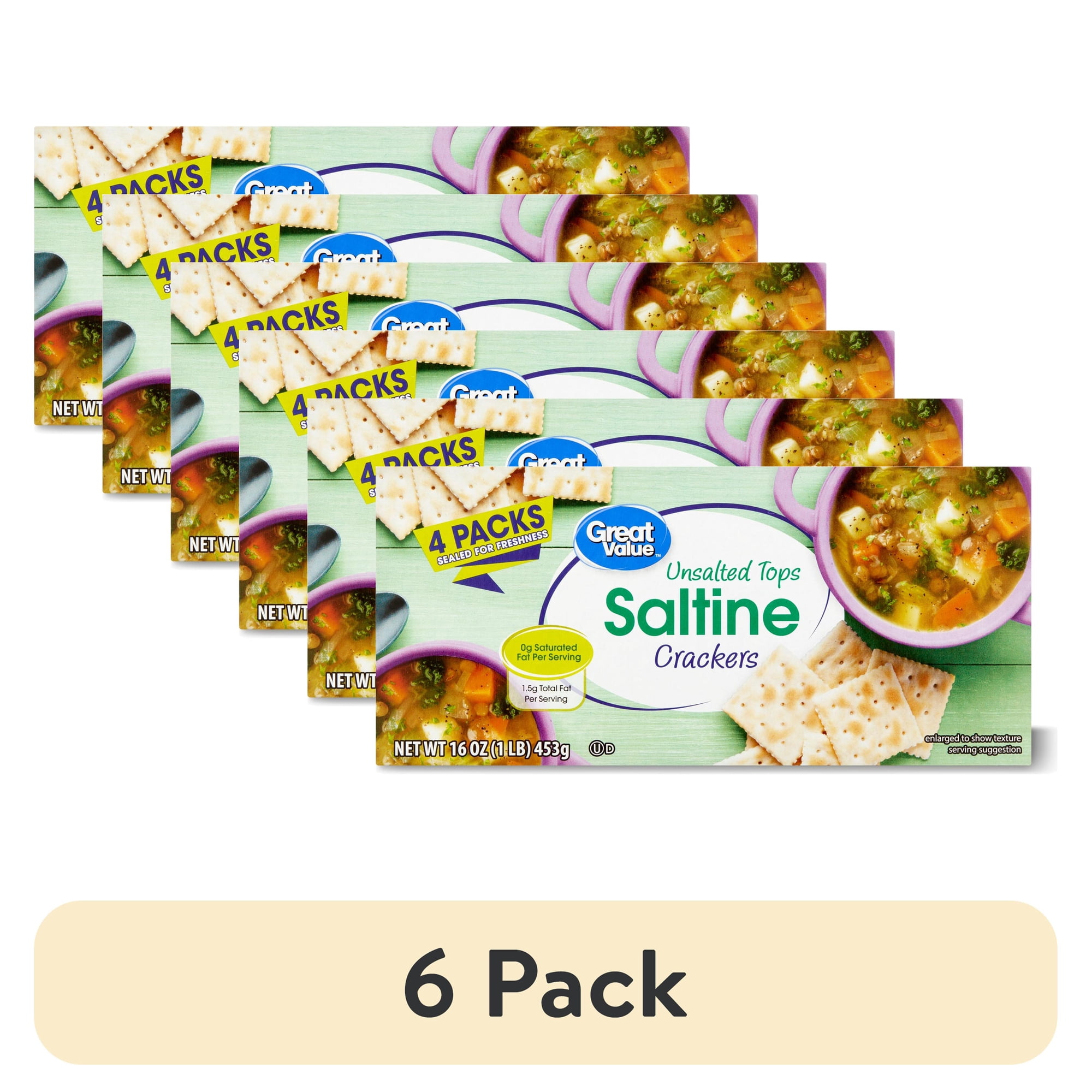 (6 pack) Great Value Unsalted Tops Saltine Crackers, 16 oz