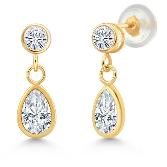 Gem Stone King 14K Yellow Gold White Moissanite Dangle Earrings for Women | 1.00 Cttw | Gemstone Birthstone | Pear Shape 6X4MM and Round 3MM
