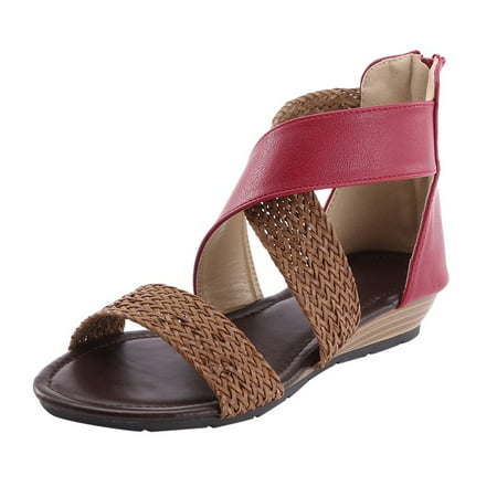 

Women Weave Wedge Heel Shoes Zipper Sandals Casual Beach Sandals Roman Shoes